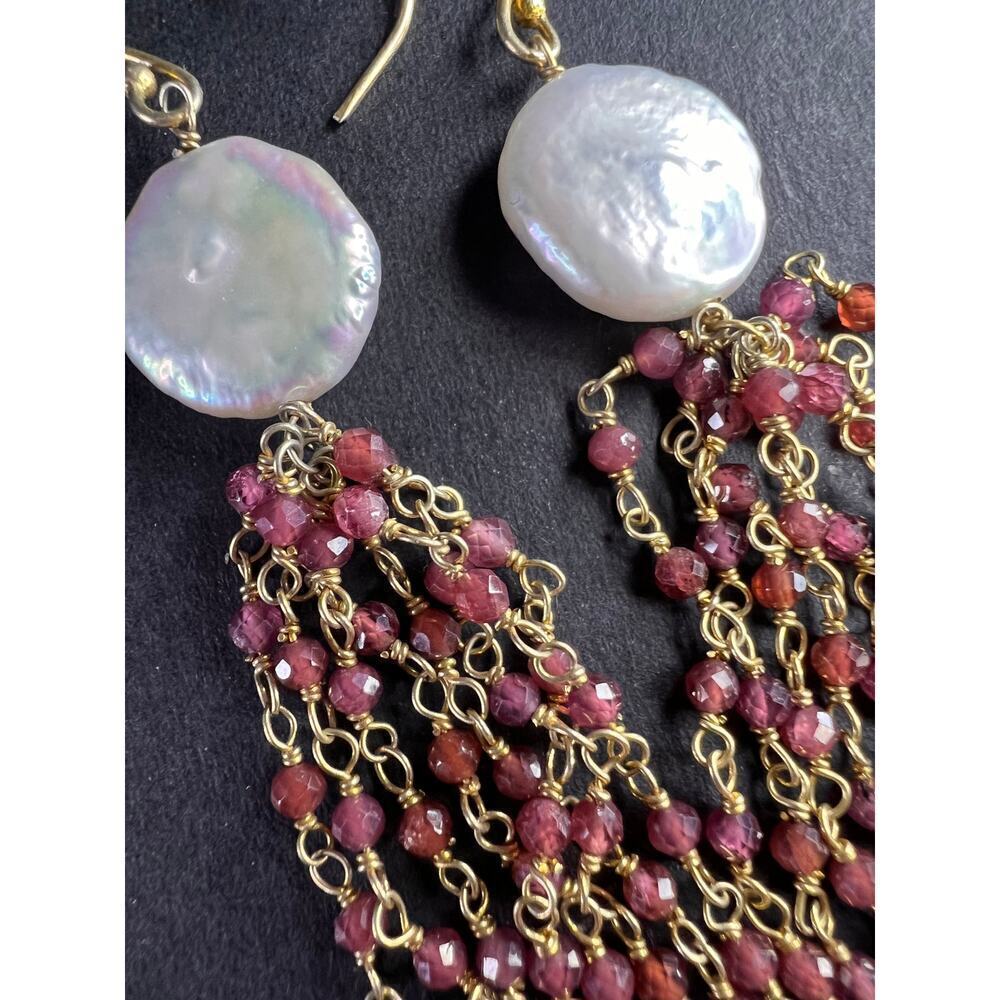 Freshwater pearl and garnet chandelier sterling silver earrings